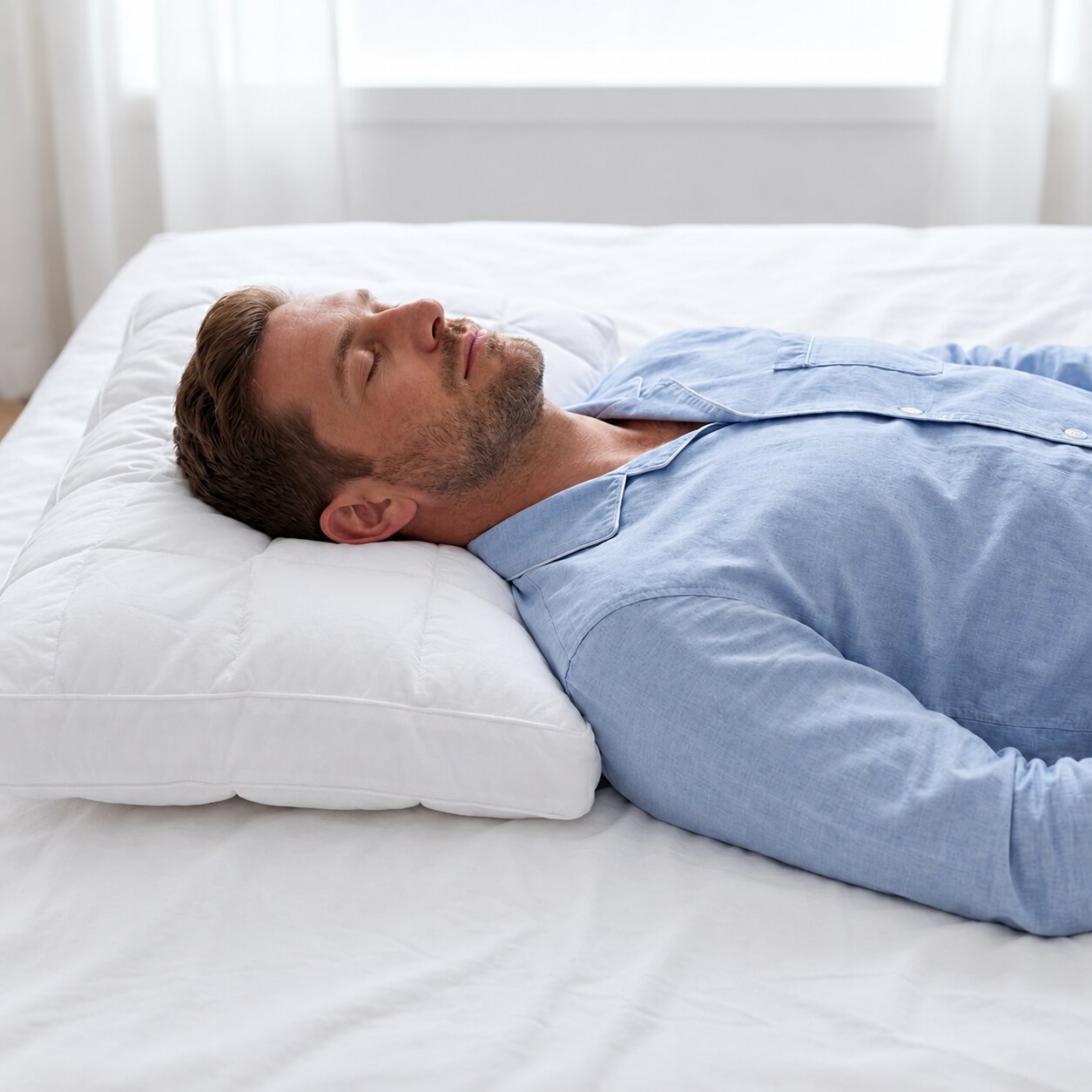 Háton fekvő férfi az Aeroflex Luxury Cloud Pillow párnán