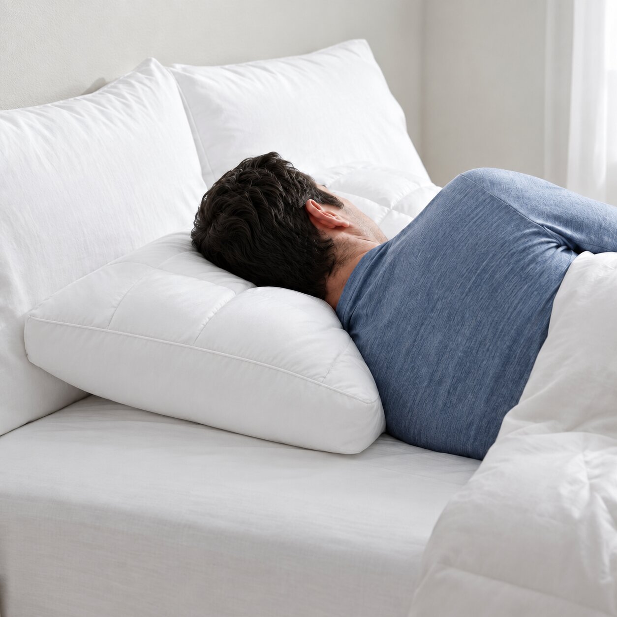 Oldalt fekvő férfi az Aeroflex Luxury Cloud Pillow párnán