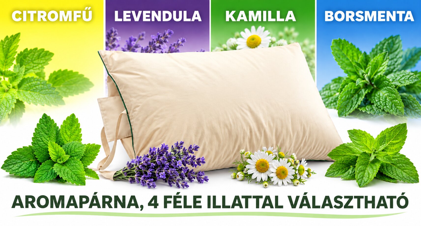 NOVETEX gyógynövényes aromapárna – 4 féle illattal NOVETEX gyógynövényes aromapárna borsmenta, levendula, kamilla és citromfű illattal