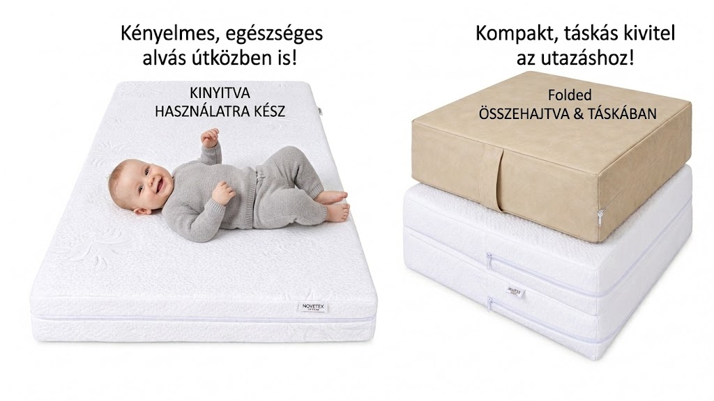 Kompakt méretre összehajtott babamatrac mosható cipzáras huzatban
