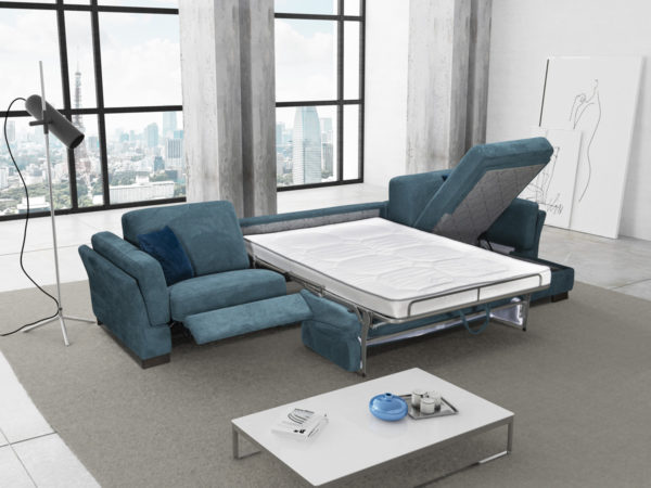 Mary 3 személyes kék kanapéágy relaxfotellel ágyneműtartós - NOVETEX - Ágyban a legjobb