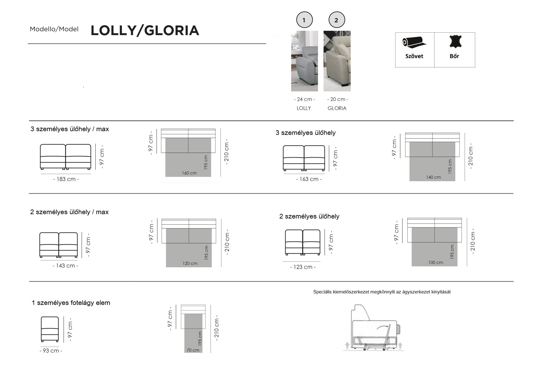 kanapé méretek Lolly-Gloria - NOVETEX - Ágyban a legjobb!