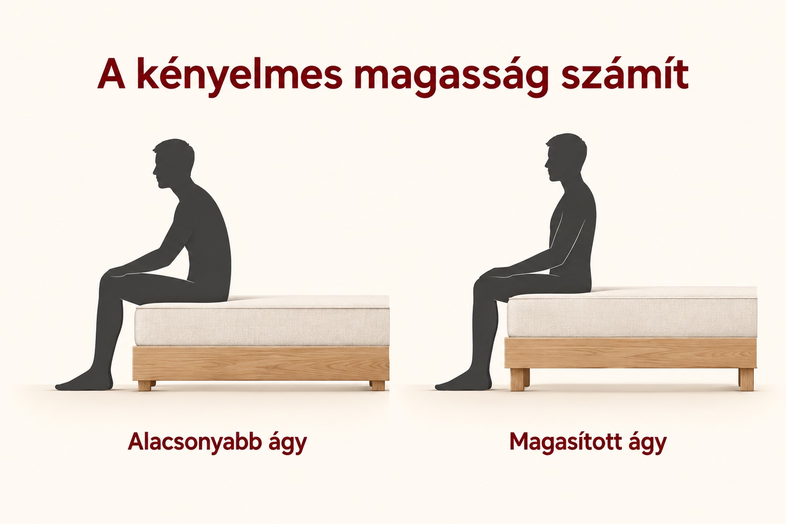 Alacsonyabb és magasított ágy összehasonlítása, az ágy szélén ülő alakkal